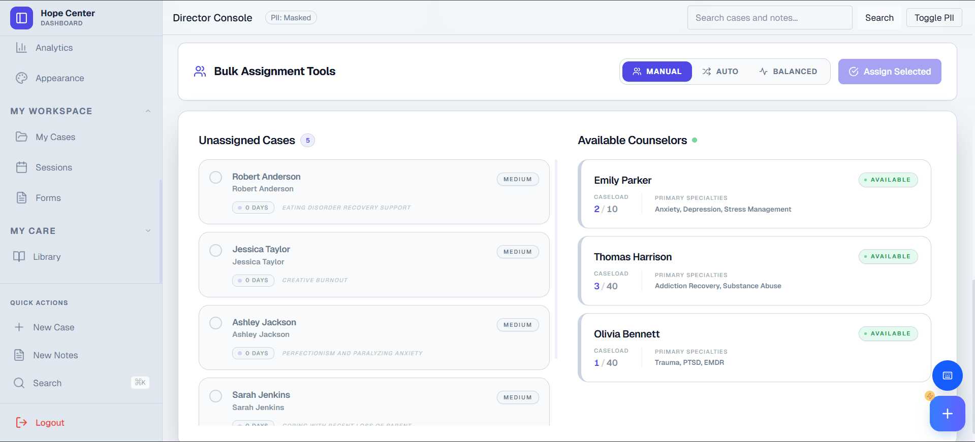 Bulk assignment tools with manual, auto, and balanced modes for case distribution