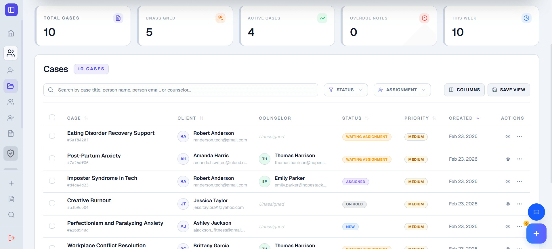 Cases view with status tracking, priority levels, and counselor assignments