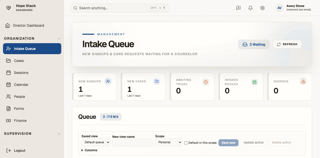 HopeStack intake queue with synthetic and redacted test-center data