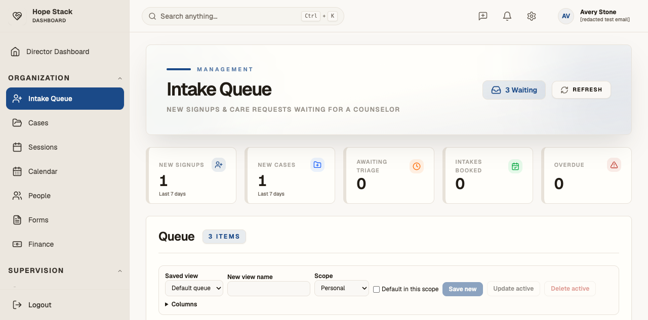 HopeStack intake queue with synthetic and redacted test-center data